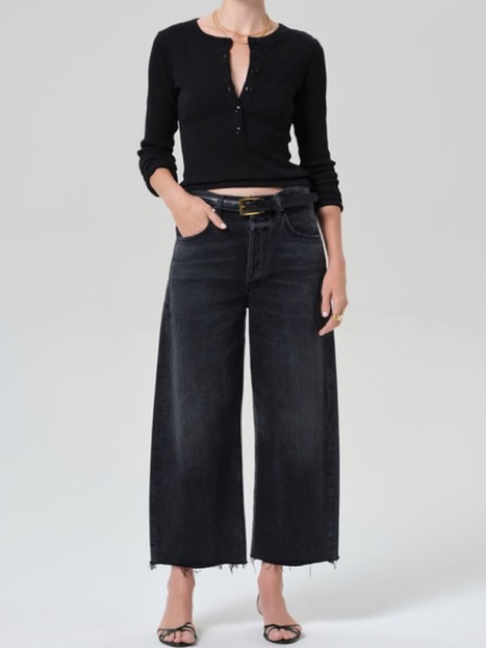 Citizens of Humanity Ayla Raw Hem Wide Leg Crop Jeans Bronson Black Size 29